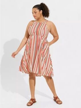 Torrid candy striped A-line halter dress, challis material, pockets, size 4
